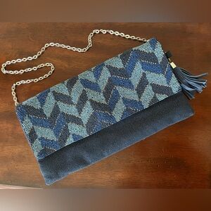 Chico's Blue Beaded And Metallic Shimmer Clutch and Shoulder Chain Strap Purse